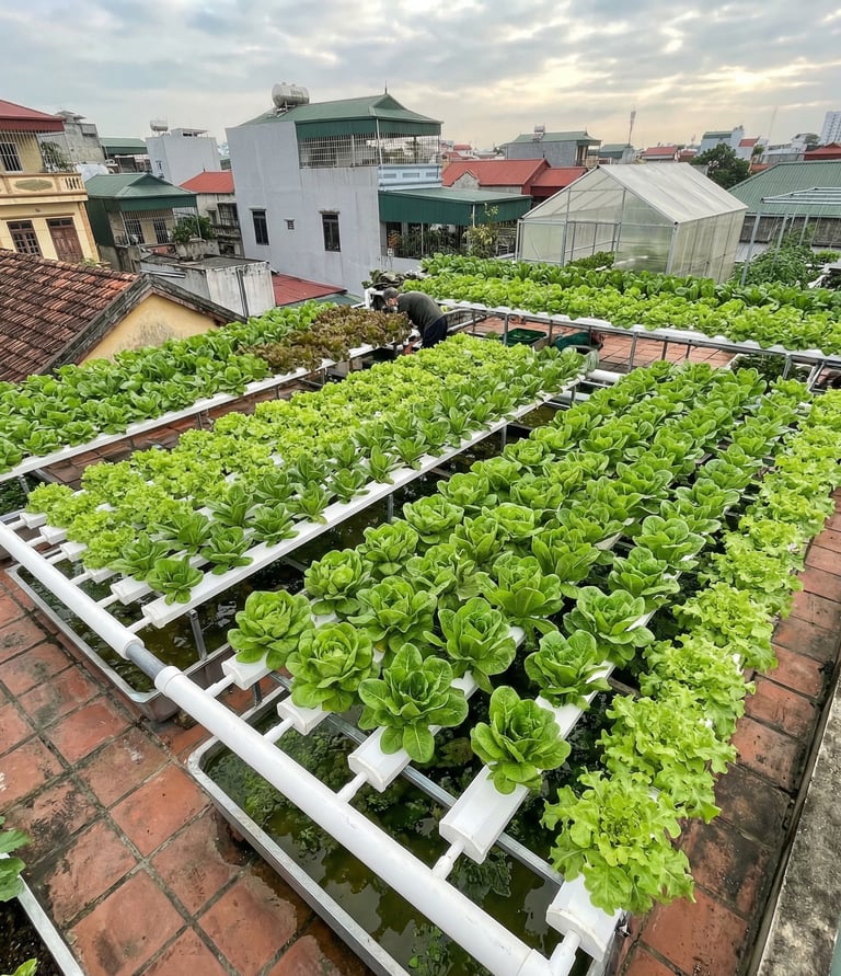 Urban rooftop hydroponic garden growing rows of fresh green lettuce in a city setting