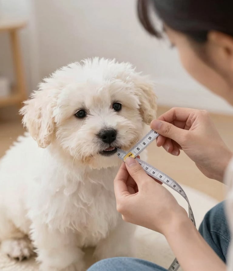  persona usa una cinta métrica para revisar el tamaño de cachorro blanco esponjoso 