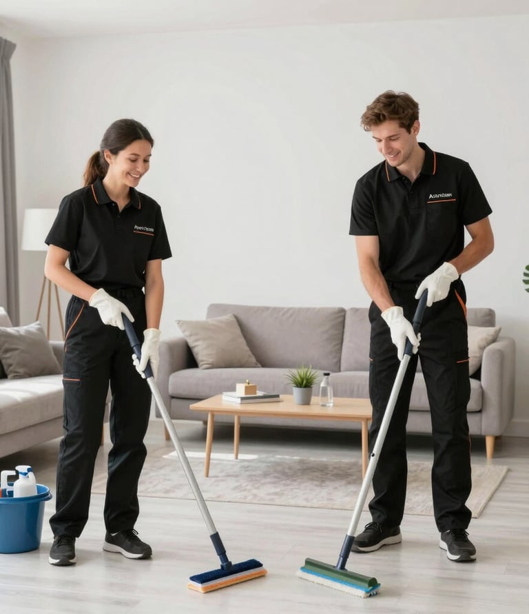 A friendly Azorclean Services team member carefully cleaning a bright, modern office space.