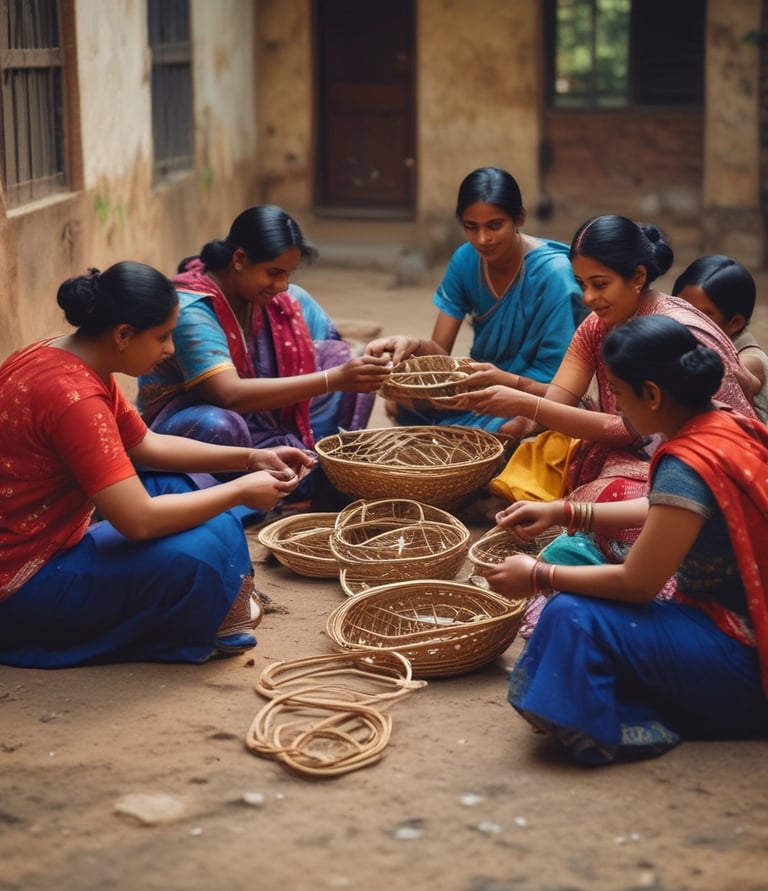 Photo of smiling rural women crafting handmade items in a sunlit workspace.