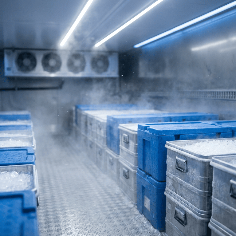 Insulated  shipping containers filled with ice inside a cold storage refrigerated truck.
