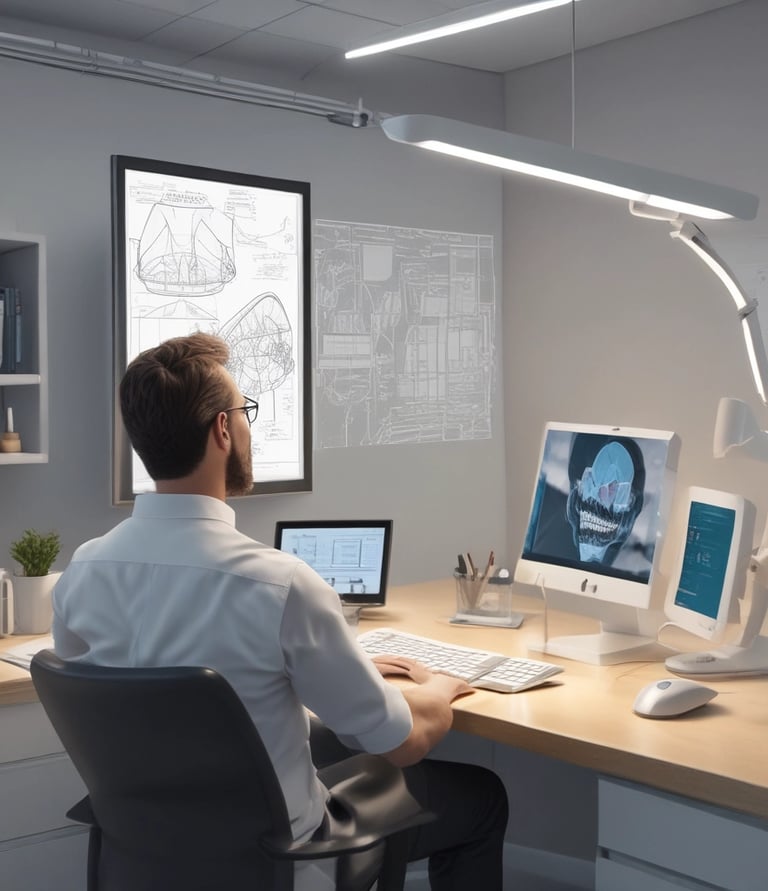 Minimalist workspace featuring a computer screen displaying a digital dental design, bathed in soft white light with a hint of blue.