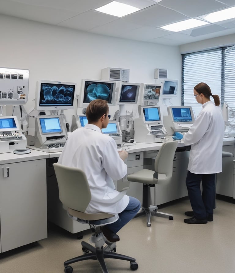 Close-up of a dental technician carefully working on a digital model with sleek black-and-white tones accented by cyan highlights.