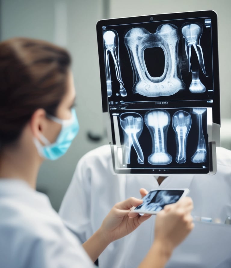 Close-up of a dentist smiling confidently while using a tablet in a modern clinic.