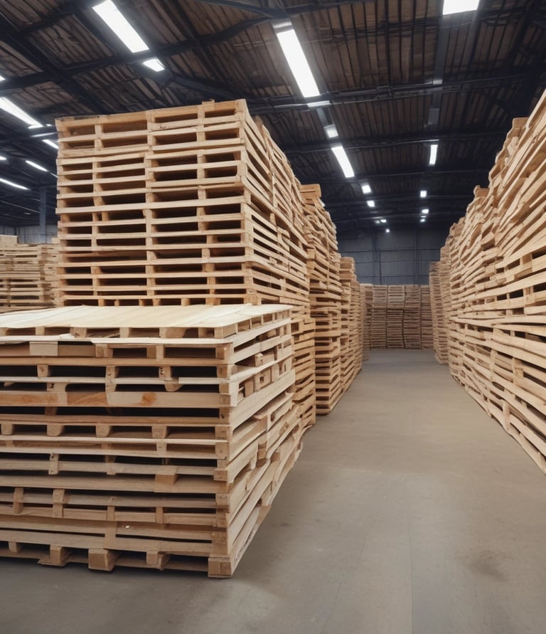 Workers assembling wooden pallets with care in a bright factory setting.