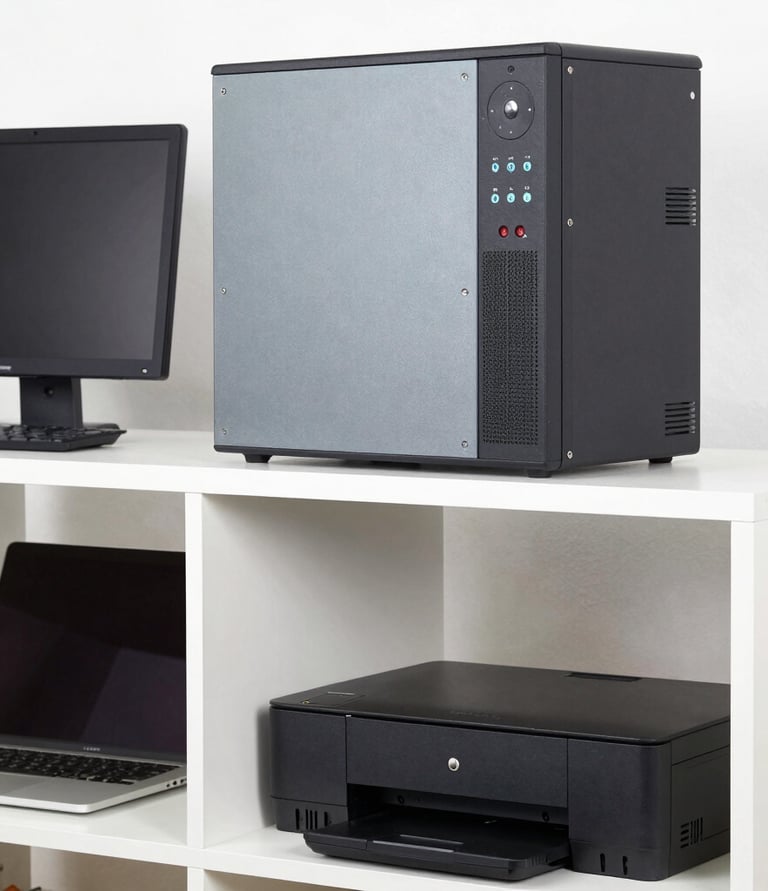 A friendly technician inspecting a used computer in a cozy workspace.