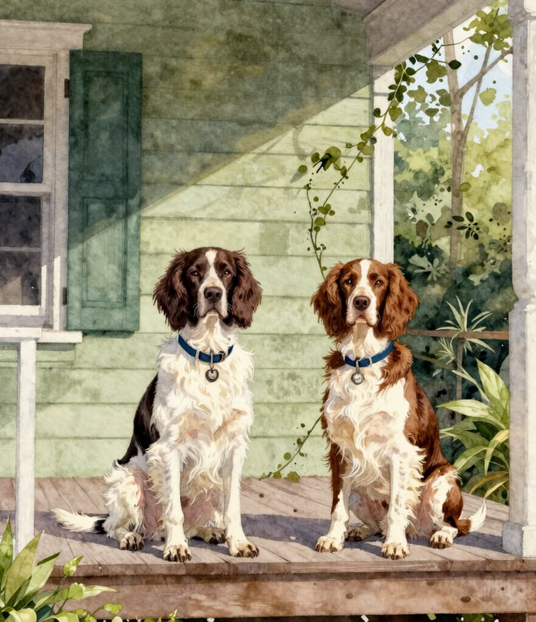 Watercolor-style illustration of a New Orleans double shotgun house with two Boykin Spaniels sitting on the porch.