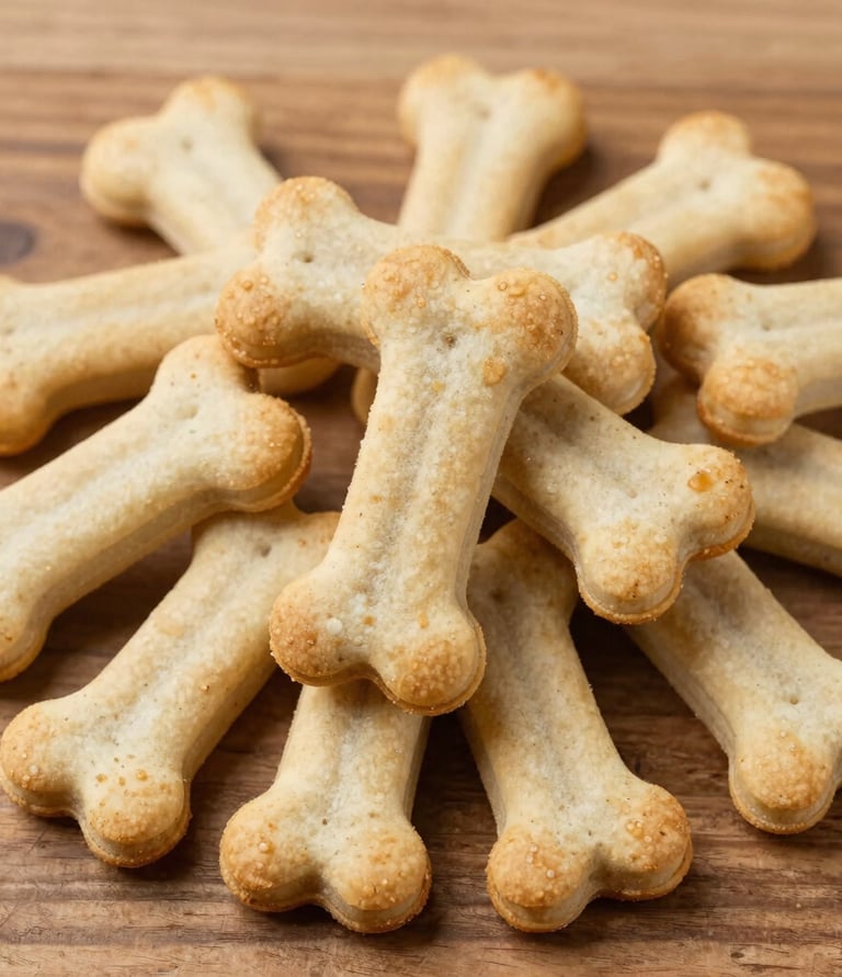 Close-up photo of freshly baked, limited-ingredient dog treats arranged on rustic wooden board with warm orange and moss green accents.