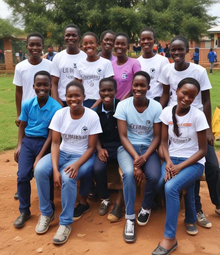 Farmers working together in a lush green field practicing climate-smart agriculture under a bright sky.