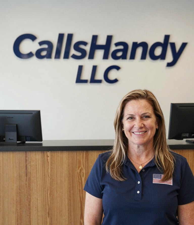 A friendly call center agent speaking on the phone with a headset in a bright, modern office.