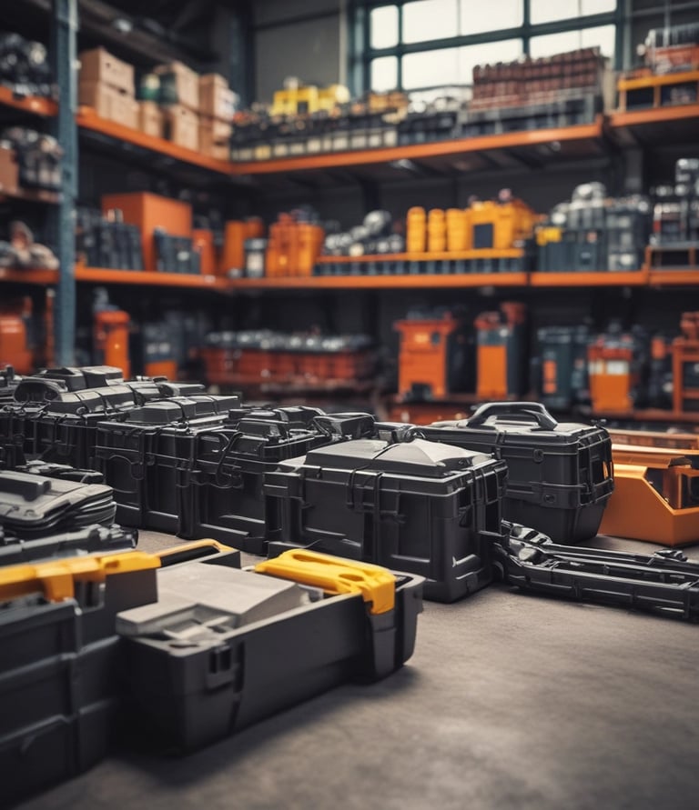 Close-up of sturdy plastic utility parts arranged on a workbench.