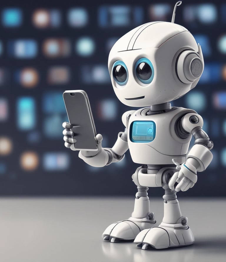 A friendly chatbot holding a cell phone, ready to analyze submitted messages.