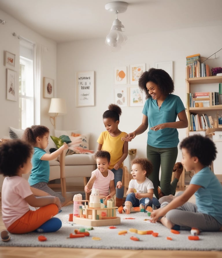 A warm, inviting home setting with a caregiver interacting kindly with a child.