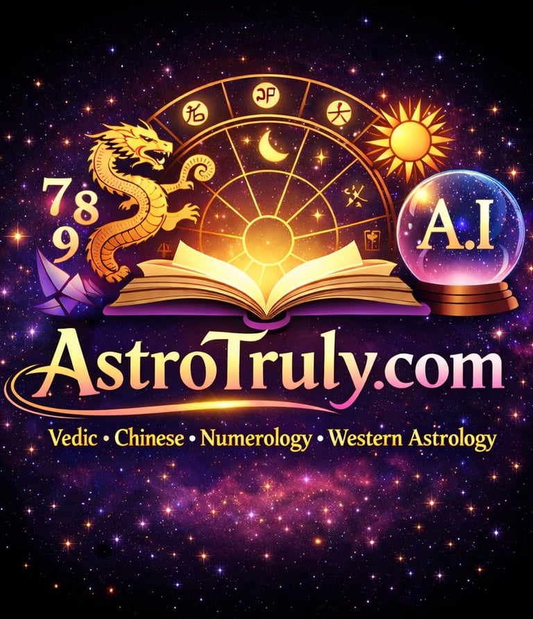 AstroTruly logo with mystical zodiac symbols, a golden dragon, and crystal ball on a galaxy background.