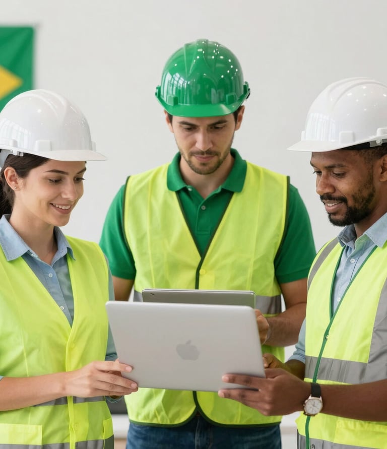 Close-up of safety gear and engineering blueprints on a desk.