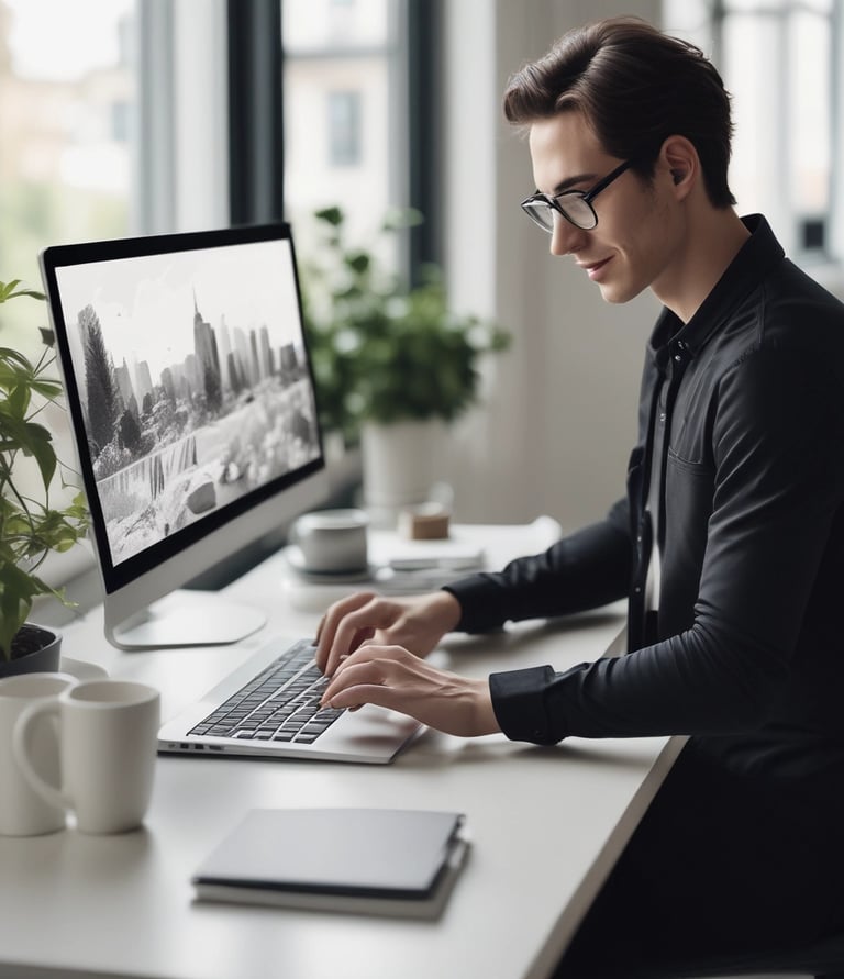A professional web designer working on a modern website layout on a laptop.