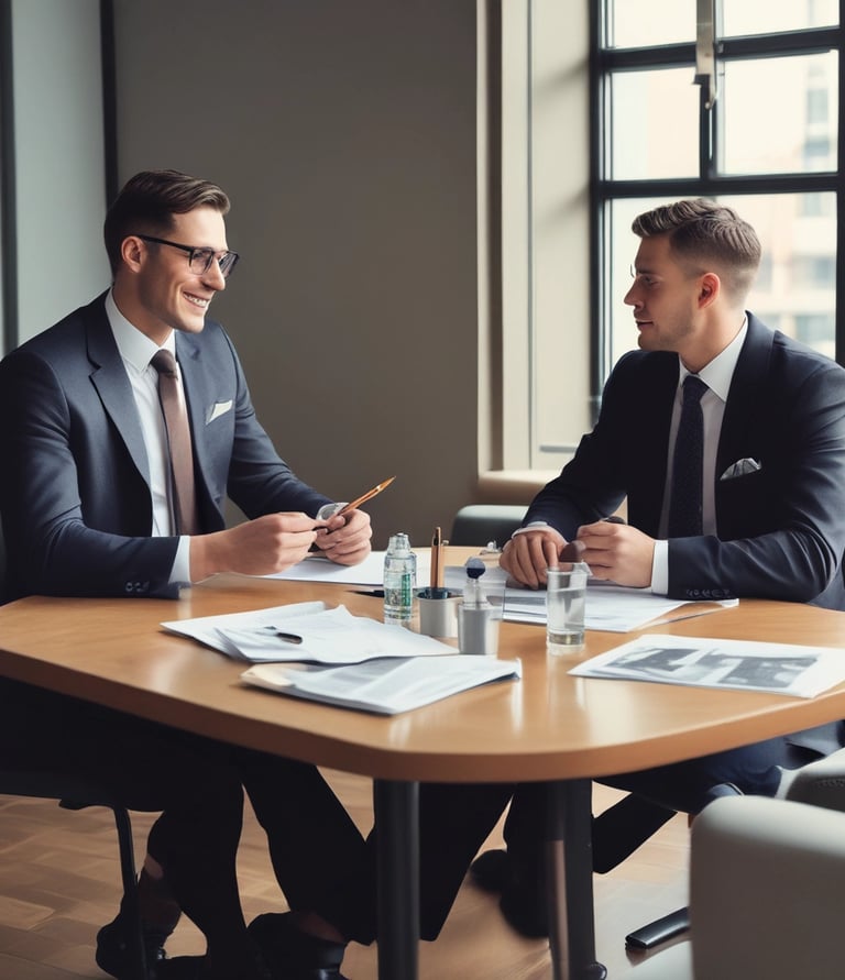 Light green-themed image of a small group engaged in a positive business discussion around a table.
