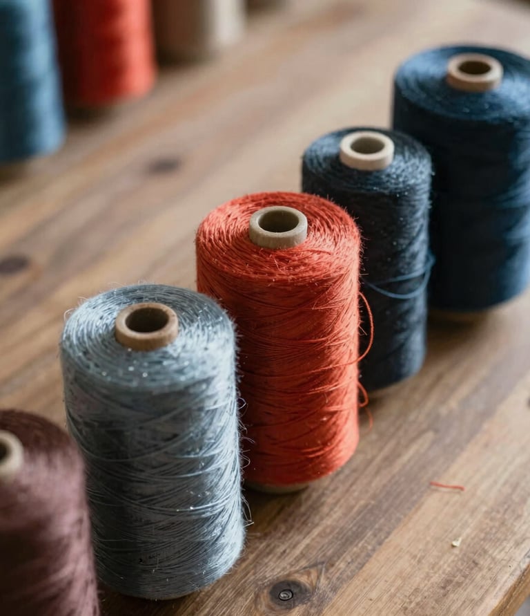 Hands selecting yarn samples in a bright, organized textile warehouse.