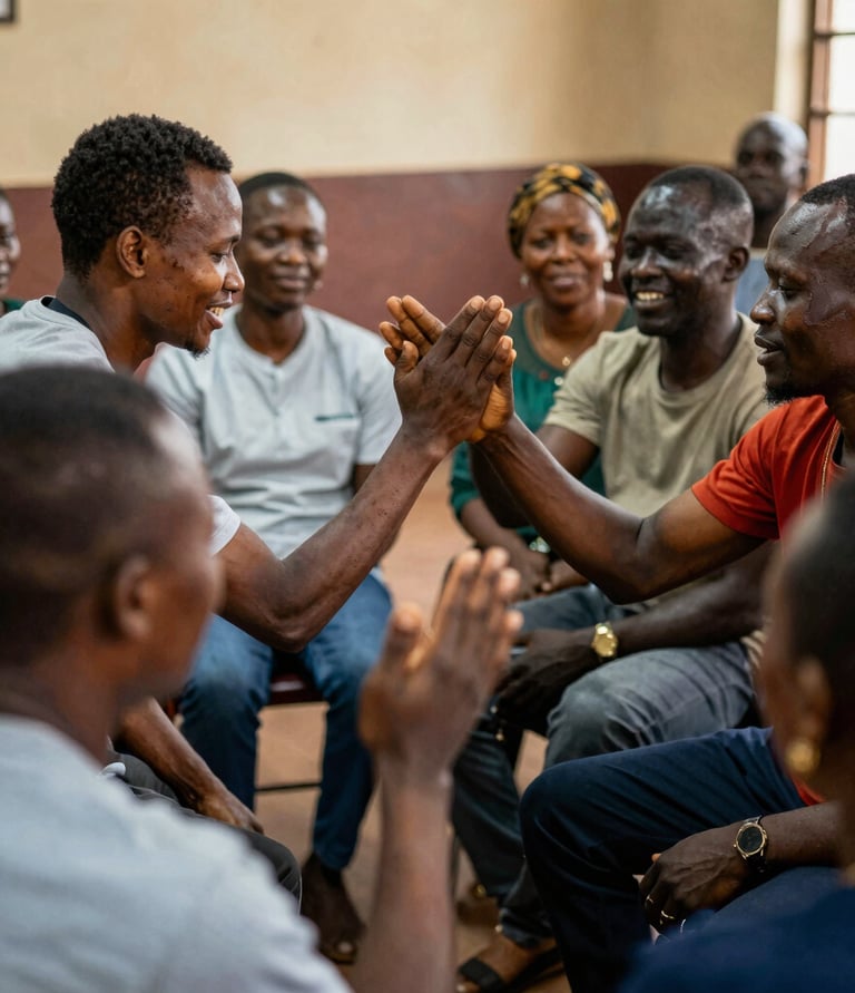 A diverse group of Kenyan community members gathered outdoors, sharing stories and support.