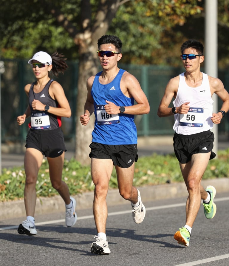 Close-up of hands holding a variety of fitness accessories and supplements on a wooden table.