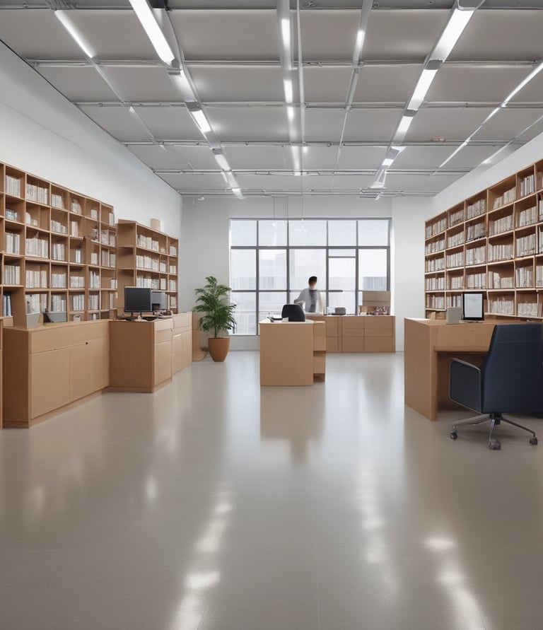 A friendly courier handing a package to a smiling customer in a bright, modern office.