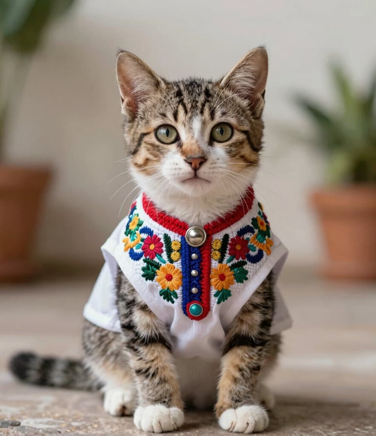 Gato con ropa bordada