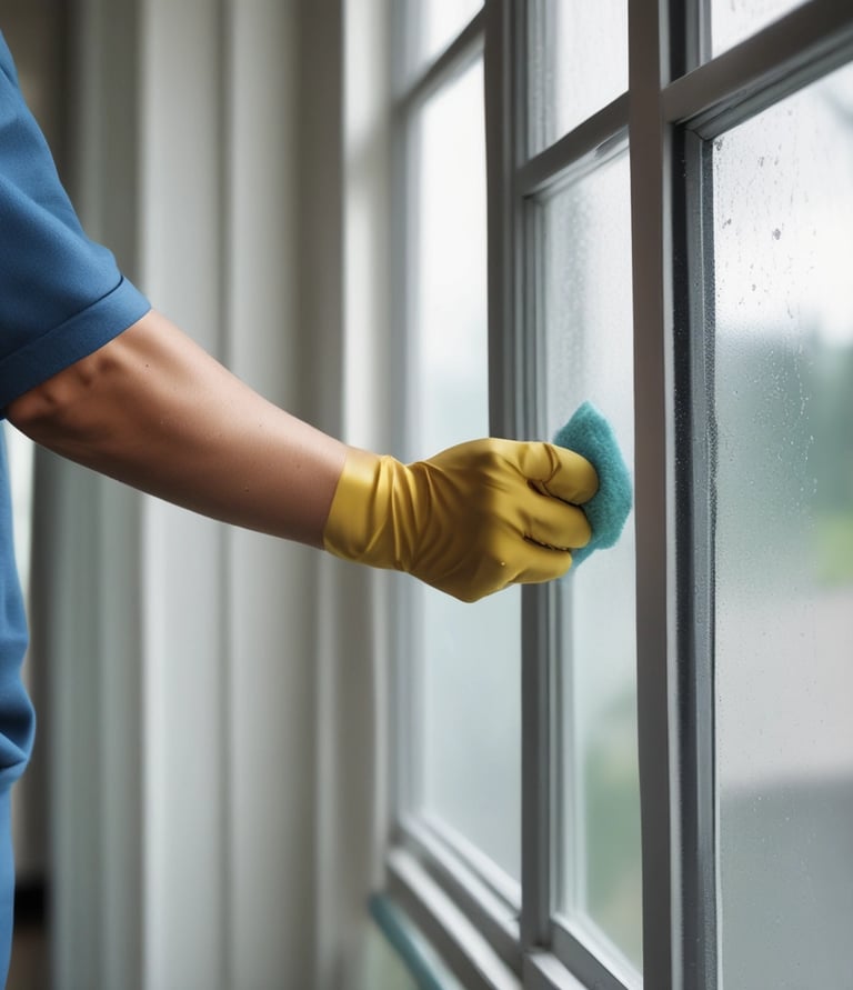 A professional cleaner carefully detailing a large window on a sunny Sydney day.