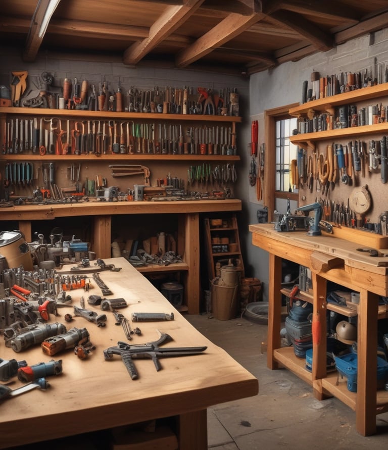 Close-up of a craftsman’s hands carefully sanding a wooden cabinet surface in a softly lit workshop.