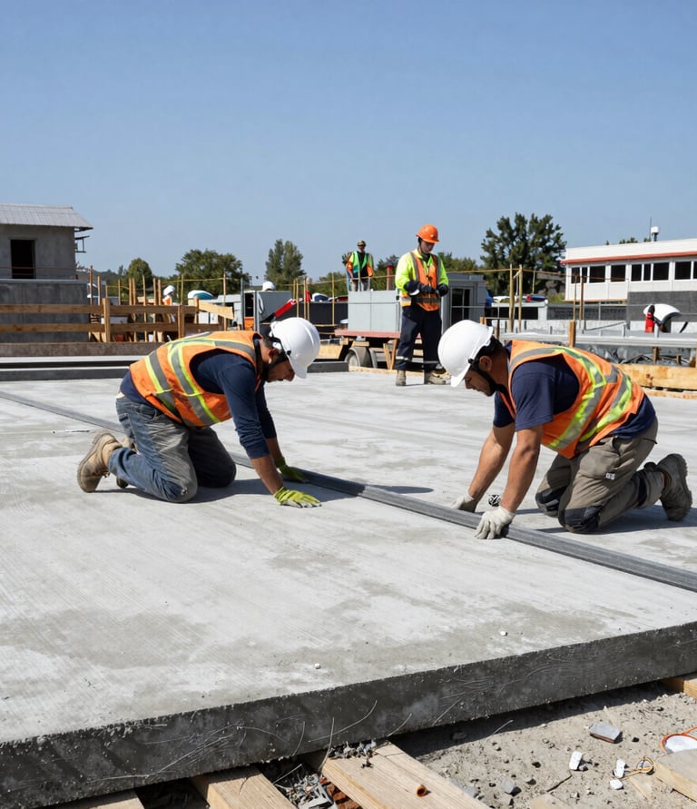 Construction workers collaborating on a home renovation site during daytime.