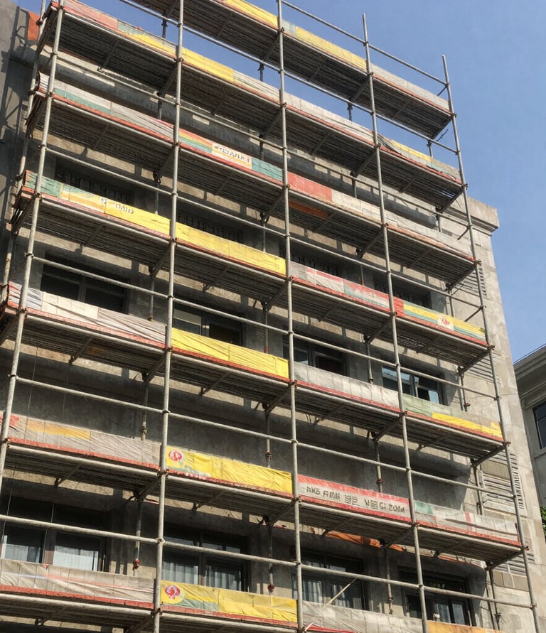 Modern office building under construction with clear blue sky background.