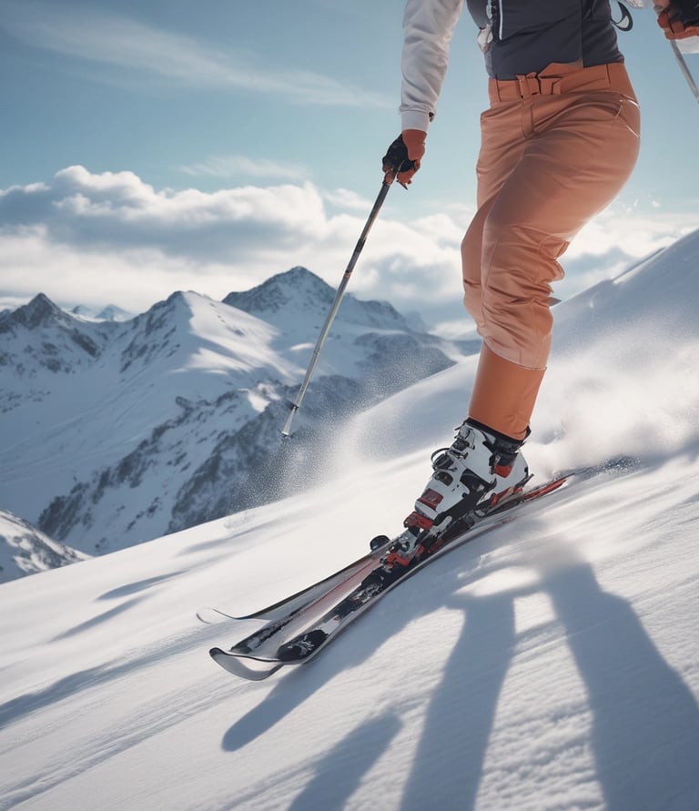 Close-up of a woman layering a sleek, soft ski base layer under her jacket against a snowy mountain backdrop.
