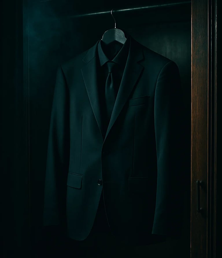 a suit jacket hanging on a wooden door