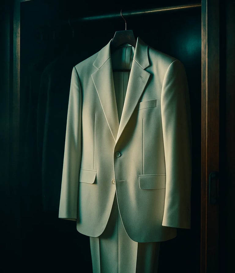 a suit and tie on a suit hanger