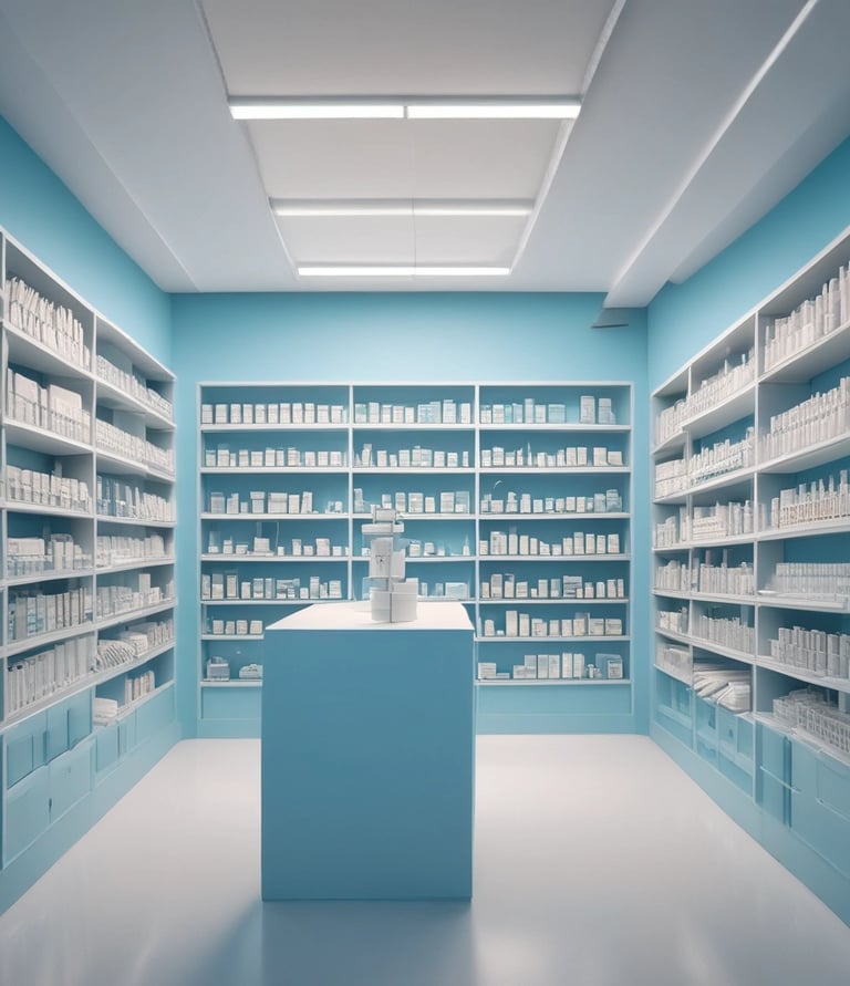 A clean and well-organized pharmacy interior with bright lighting. The central counter is labeled for prescriptions and is surrounded by shelves stocked with various pharmaceutical products. The predominant color scheme involves green and white, reflecting the pharmacy's branding. The aisles are spacious and neatly arranged with products.