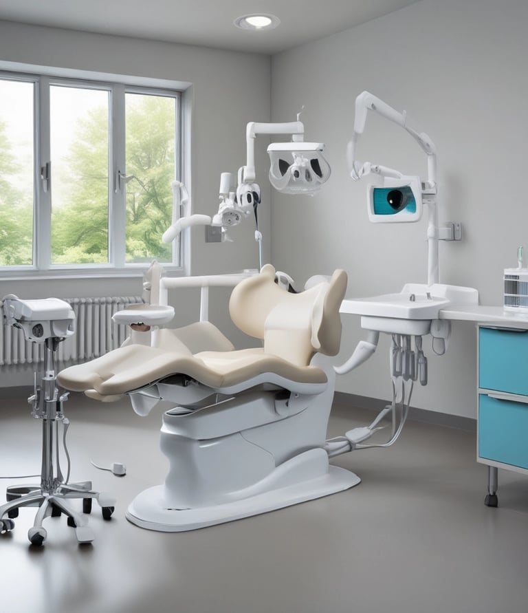 A modern dental clinic interior with dental chairs lined up near large windows, bright overhead lighting, and cabinetry. The room is well-organized and appears clean and professional, with a neutral color scheme and urban city view through the windows.