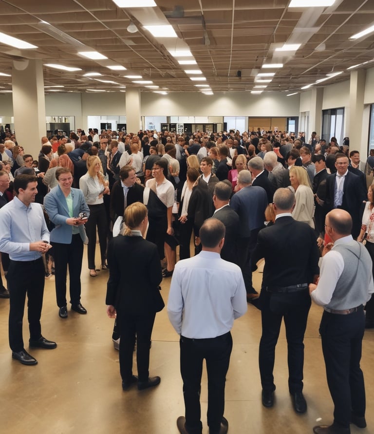 A diverse group of people is gathered in an indoor space with large windows, engaging in conversation and enjoying refreshments. The setting appears to be a social or networking event, with individuals wearing casual to semi-formal attire. A chandelier hangs from the ceiling, and natural light filters through the windows, revealing greenery outside.