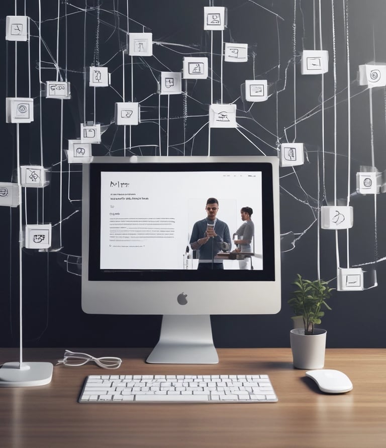 A small, white humanoid robot with blue accents, including eyes, mouth, and a circular badge with the letters 'AI' on its chest, is positioned in front of a blue laptop on a metallic surface. The robot has a simple, smooth design with two cylindrical arms and a small antenna on top.