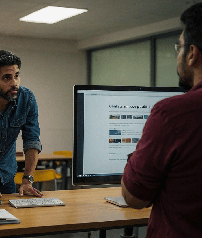 Two men creating an online course in front of a monitor