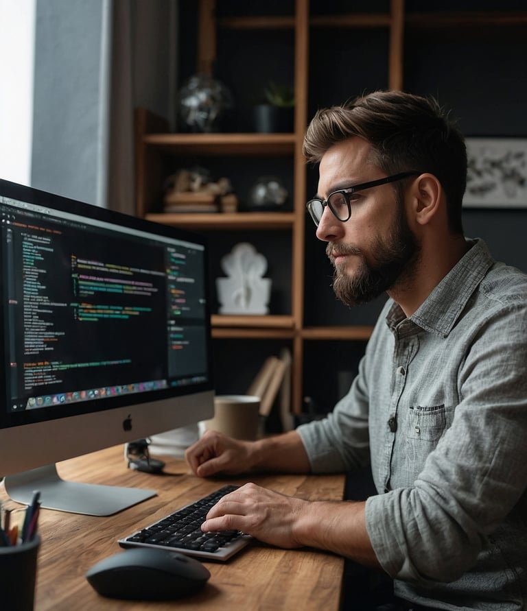 A web programmer man sitting at a desk with a computer monitor and keyboard creating a website