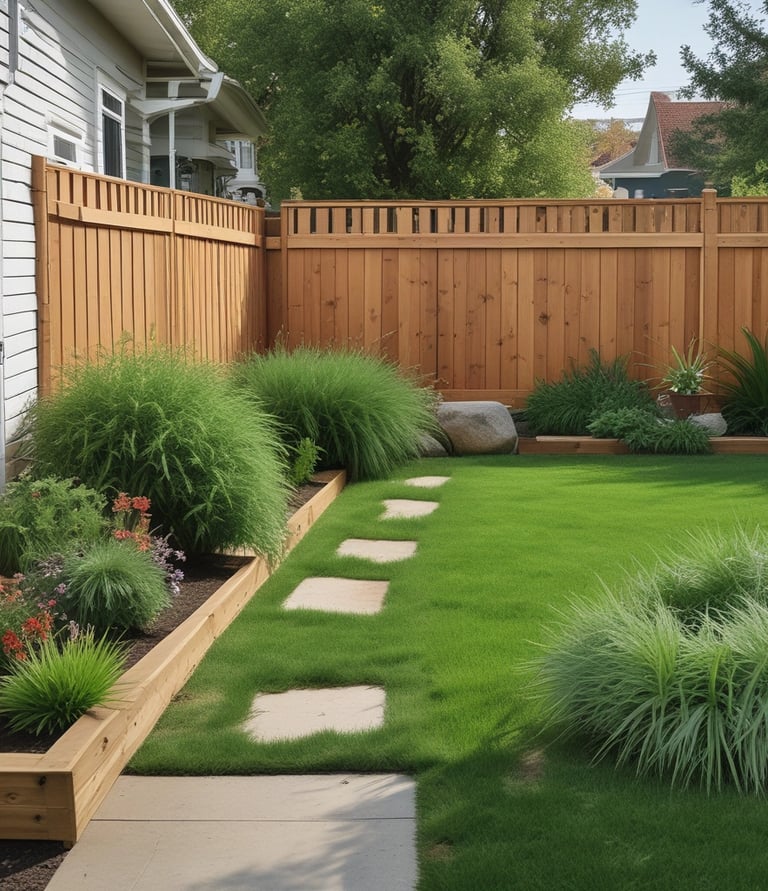 A house is under construction with scaffolding surrounding it. The building is two stories high and features a large, steeply pitched roof. The exterior walls are unfinished, and corrugated metal sheets form a temporary barrier around the site. The foreground shows a grassy area with scattered bushes, and the sky is partly cloudy.