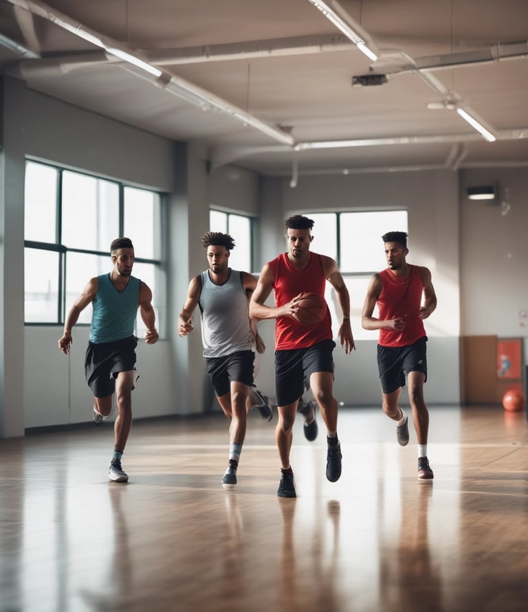 A group of athletes in sports attire are exercising or warming up on a grassy field. They are in a formation, appearing to be mid-stride, and the background shows a series of purple banners with sports achievements listed. The area is surrounded by a stone wall with benches and equipment visible.