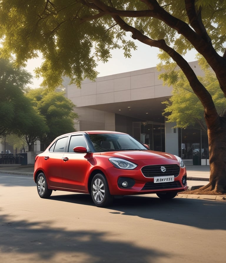 A pink dune buggy is parked on the side of a road near a car dealership with palm trees lining the street. The dealership has a modern design with large windows. Several other vehicles are also visible, including a silver pickup truck and a white SUV. The setting appears to be a sunny day.