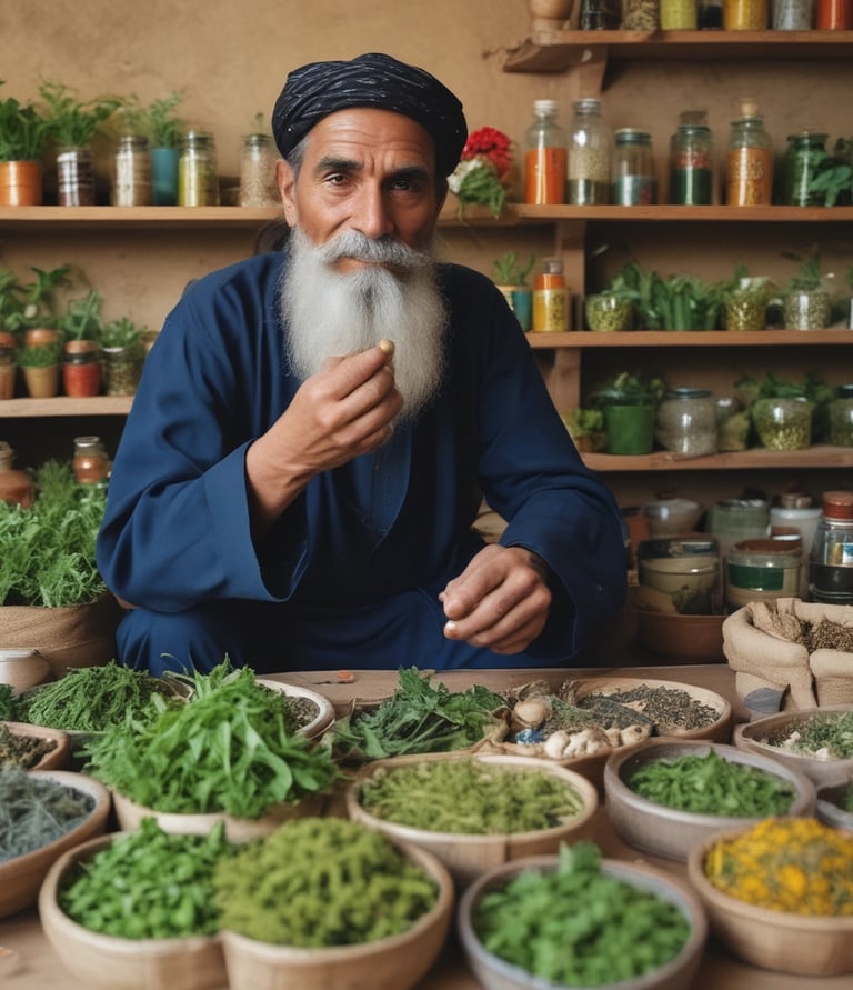 An elderly person wearing traditional clothing with a red headscarf and blue shirt is sorting or inspecting a large quantity of dried herbs or tea leaves spread out on a woven basket. This activity takes place in front of a rustic wooden building with hanging plants and pots, indicating a rural or village setting.