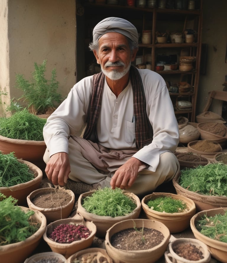 A person wearing a headscarf is seated on the ground, engaged in grinding green leaves with a large mortar and pestle at an outdoor market. Surrounding them are various bags and boxes, some filled with more green leaves. A mix of umbrellas and canopies provide shade, casting shadows over the scene.
