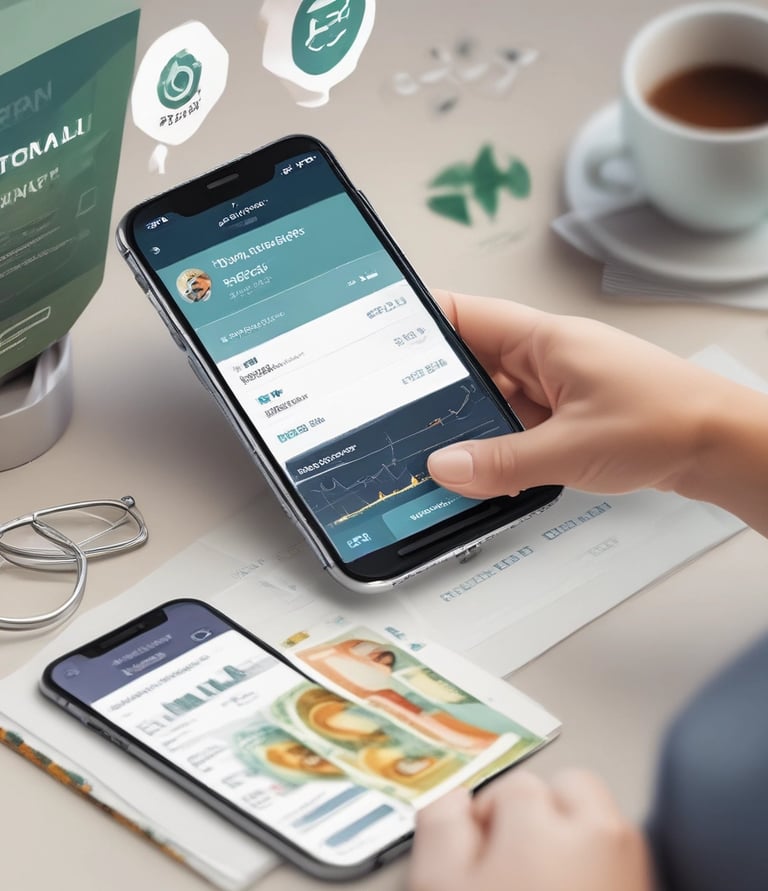 a person holding a cell phone in front of a laptop