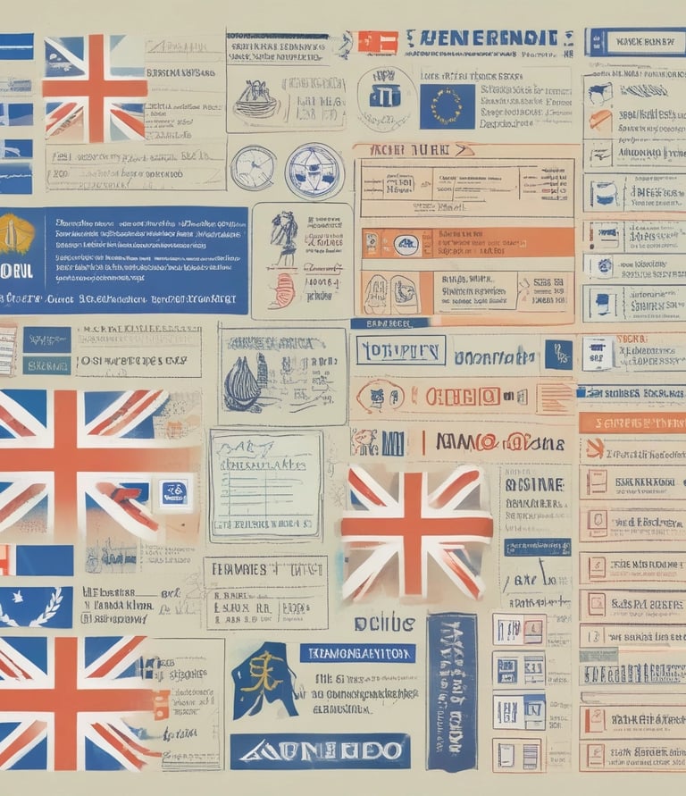 A close-up of a passport with various visa stamps and signatures. On top of the passport pages, there are miniature figures of people depicted as travelers with luggage carts. The background is partially a dark blue passport cover with a golden emblem.