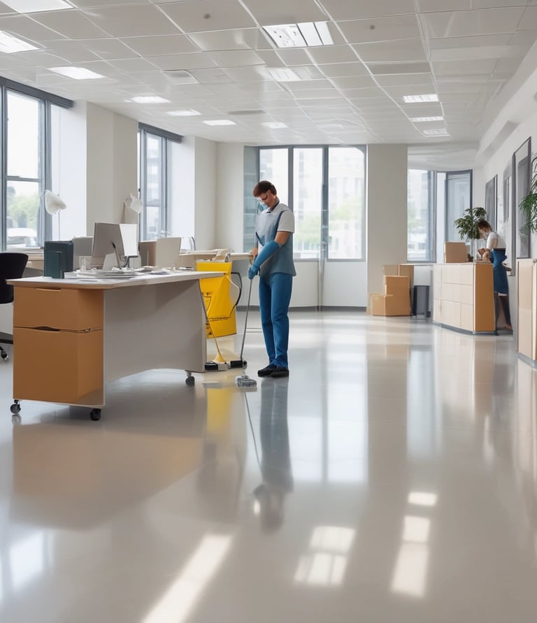 A dry cleaning shop named 'HLP Cleaners' is located on a dimly lit street. The store has a prominent sign above the entrance, and its windows are illuminated with a warm yellow light. A sign on the door lists services such as dry cleaning, laundry, and suede & leather cleaning. The building exterior is simple with a combination of dark tiles and light-colored upper walls. The entrance is flanked by two closed doors, likely of neighboring establishments.