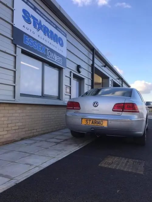 Volkswagen car parked outside Starmo Auto Electrics and Essex Towbars workshop in Braintree
