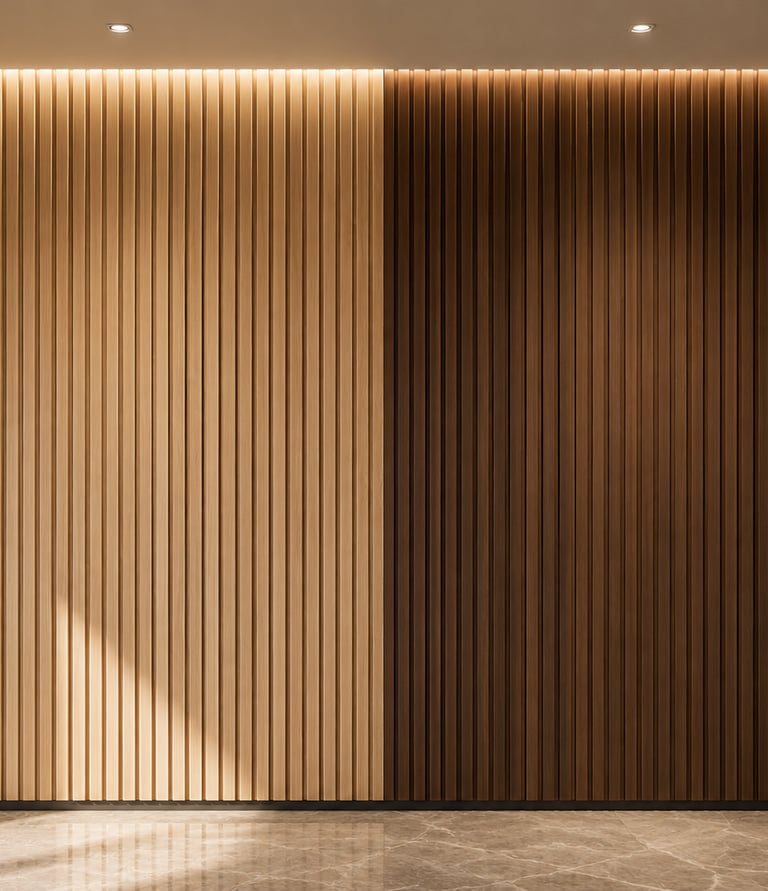Modern interior design featuring light and dark wood slat wall panels with recessed cove lighting.