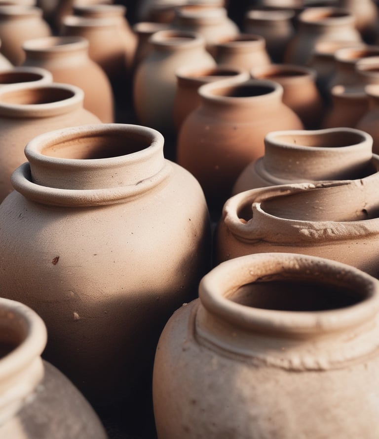 A collection of unique pottery pieces displayed on a rustic wooden table.